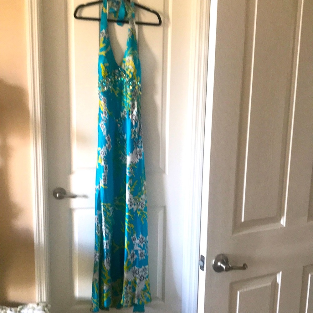 Cache turquoise floral print silk halter gown, scattered beading, fully lined